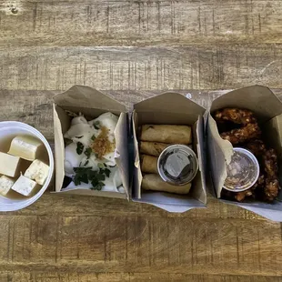 Left to right - build your own noodle soup w tofu, the wide rice noodles for the soup, yam rolls, spicy corn patties