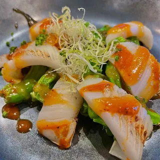 Calamari with Shishito Peppers and Bell Pepper Sauce