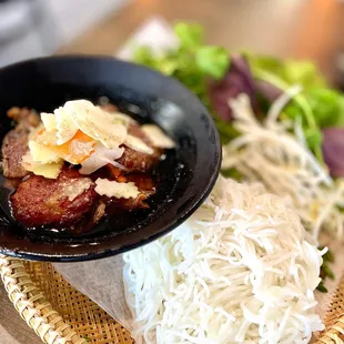 Bun cha ha noi - vermicelli, grilled pork &amp; pork patties in a house savory fish sauce.
