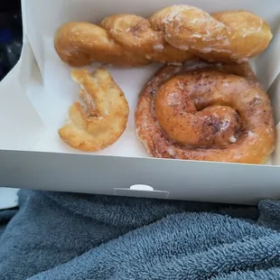 Cinnamon roll, Old Fashioned, and a Glazed Twist