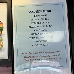 Sandwich menu