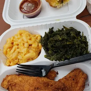 Fried 'chicken' with mac and cheese, kale, and mambo sauce.