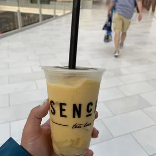 Mango and peach shake with lychee jelly