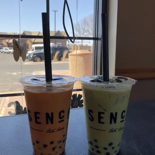 Thai tea latte and mango matcha latte!