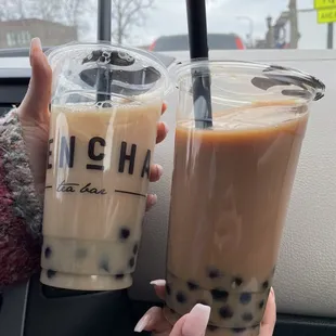 Left is from the Grand location, right is Woodbury&apos;s brown &quot;soy milk&quot; royal tea latte.