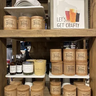 a shelf with jars of food