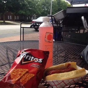 Enjoying my hotdog lunch outside!! $2.50 can&apos;t beat it!!