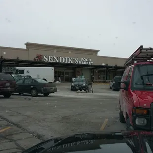 red truck in parking lot