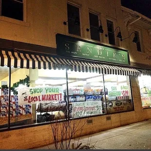 a storefront at night