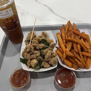 Popcorn chicken &amp; Sweet Potato Fries