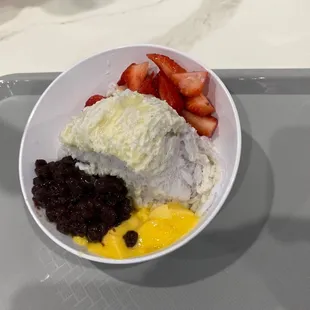 Taro shave ice with red bean, egg pudding, and strawberries!!!