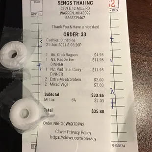 the receipt for the restaurant