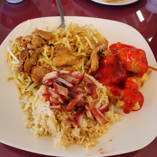 Chicken chow-mein, pork fried rice and Sweet n sour pork.