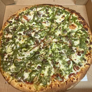 Chicken sausage pesto pizza