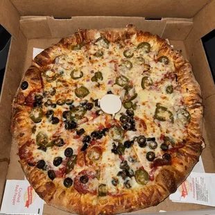 Half and half-  olive, pepperoni, olive  Onion, garlic, jalapeño