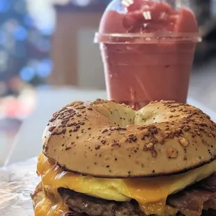 Triple Meat bagel and Strawberry Banana Smoothie