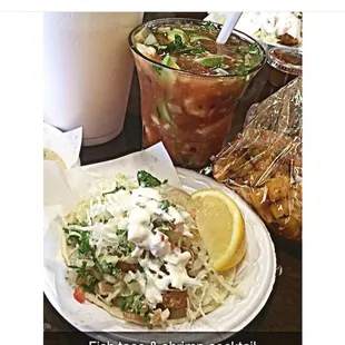 Shrimp cocktail. Fish taco. Side of spicy cucumber.
