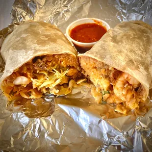 Surf-n-turf burrito by request, W/ grilled shrimp &amp; steak, beans , rice, spicy chipotle, so nice.