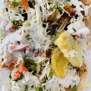 Fish Tacos (love the grilled peppers)!