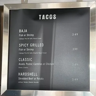 a menu for tacoss