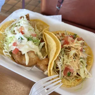 Breaded fish taco and grilled shrimp taco