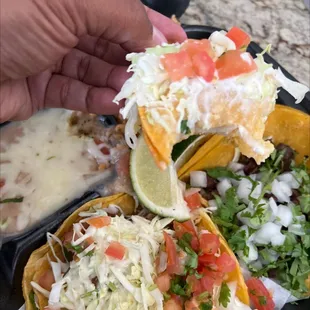 Potato taco, 2 taco plate (asada &amp; fish with rice and beans)