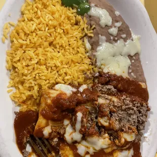 Special Dinner- enchilada, tamale, rice and beans