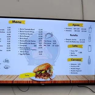 a menu on a large screen