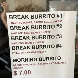 a menu for breakfast burrito