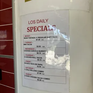 Menu weekly specials As of 7/30/24