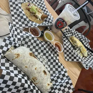 Fish taco, rolled tacos (flautas), burrito