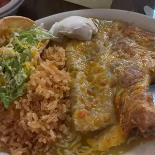 Crispy taco, I love their green enchilada sauce, and creamy beans.