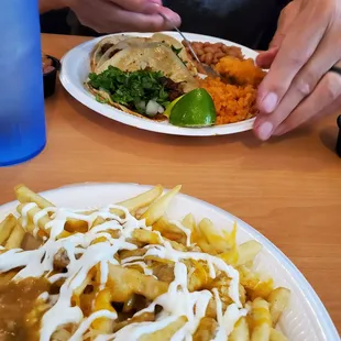 Chili cheese fries and beef tacos