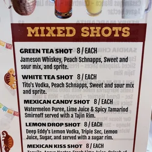 a menu for mixed shots