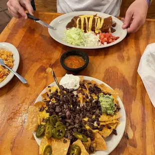 Steak nachos and Texas burrito