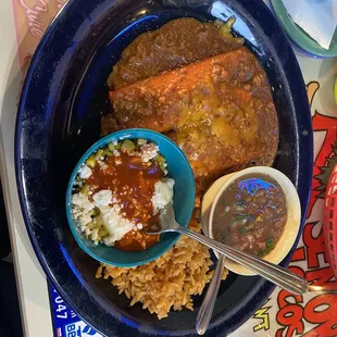 Cheese Enchiladas Dinner with charro beans instead of refried and elotes extra for a $1!