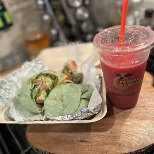 Turkey wrap and strawberry Smoothie