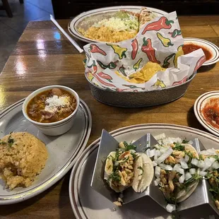 Chicken street tacos, rice, beans; beef quesadilla, rice, beans; chips, salsa
