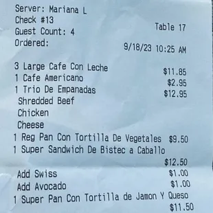 a receipt for the restaurant