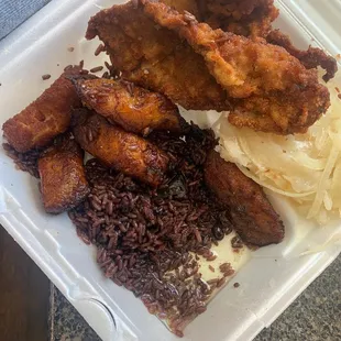 Congri,  Bistec Empanizado, sweet plantain and yucca