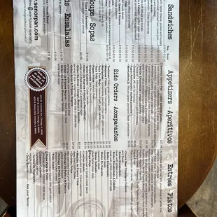 Front of menu