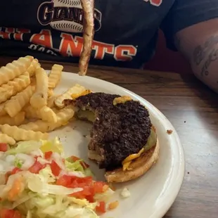 Burned cheese burger paper thin bun