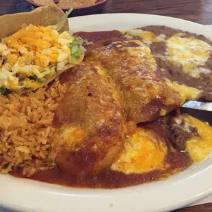 Taco, relleno, enchilada, rice and beans