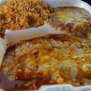 2 ground beef enchiladas, beans and rice to go!!
