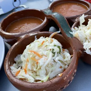 Toppings for meals - Spicy creamy tomato sauce (like a mild salsa) and p picked pepper slaw (light flavor &amp; perfect crunch)