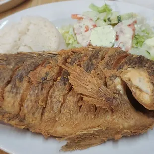 a plate of fish and a salad