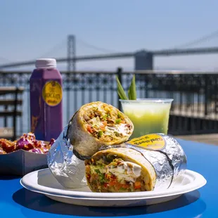Pictured from left to right: Ube Macapuno Churros, Ube Horchata, Whole Barnyard Burrito, Pandan Iced Tea