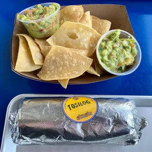 Tosilog burrito and side of chips &amp; guac