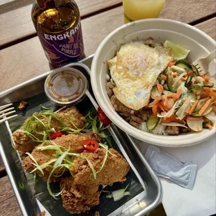 sinigang chicken wings, pork sisig bowl feat ube lager and calamansi lemonade