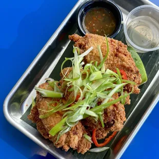 Crispy Sinigang Chicken Wings w/ tamarind + vinegar dipping sauce (6 pc - $17)